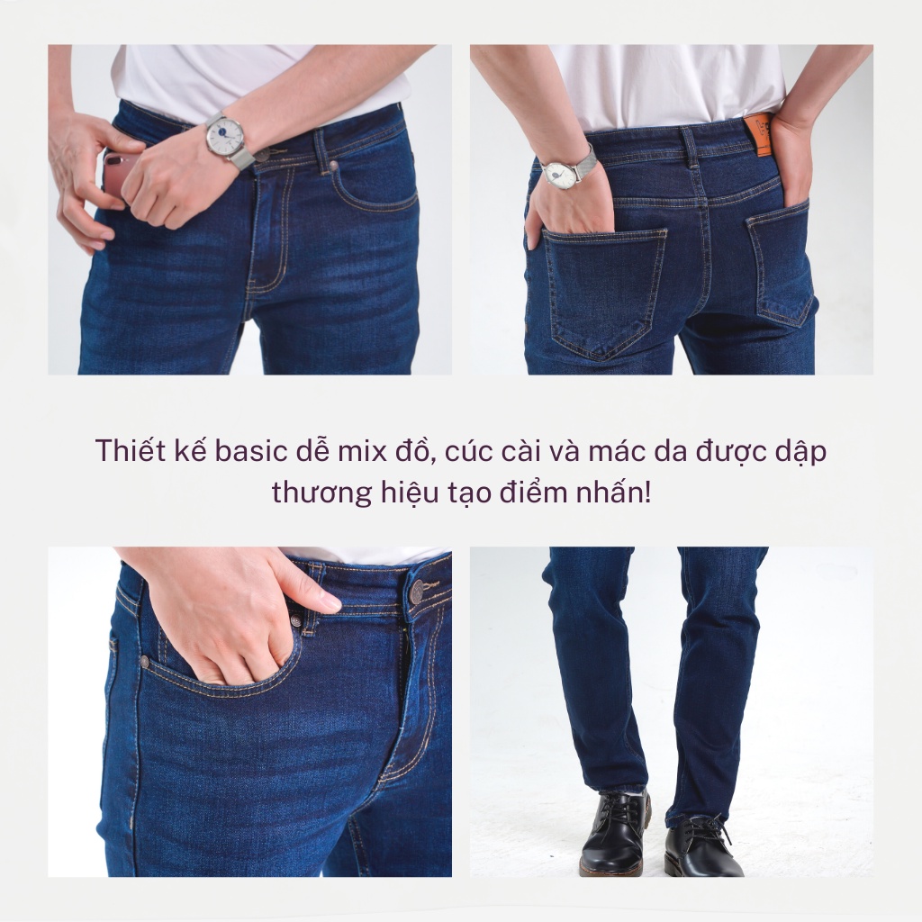 Quần Jean Nam H90, Ống Côn Dáng Ôm Slimfit, Chất Bò Co Giãn Vận Động Thoải Mái, Vải Mềm Mịn, Bền Màu HTRJ004