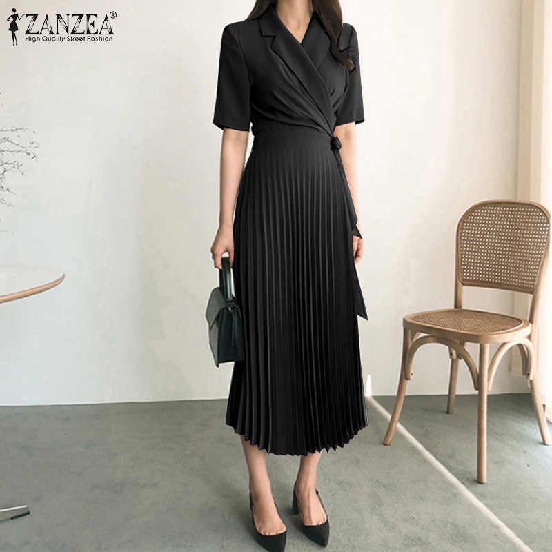 Đầm Zanzea dáng dài tay ngắn cổ bẻ thắt dây thời trang cho nữ