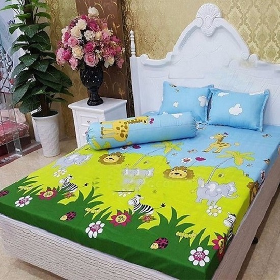 Bộ ga chun kèm vỏ gối poly cotton mẫu rừng xanh