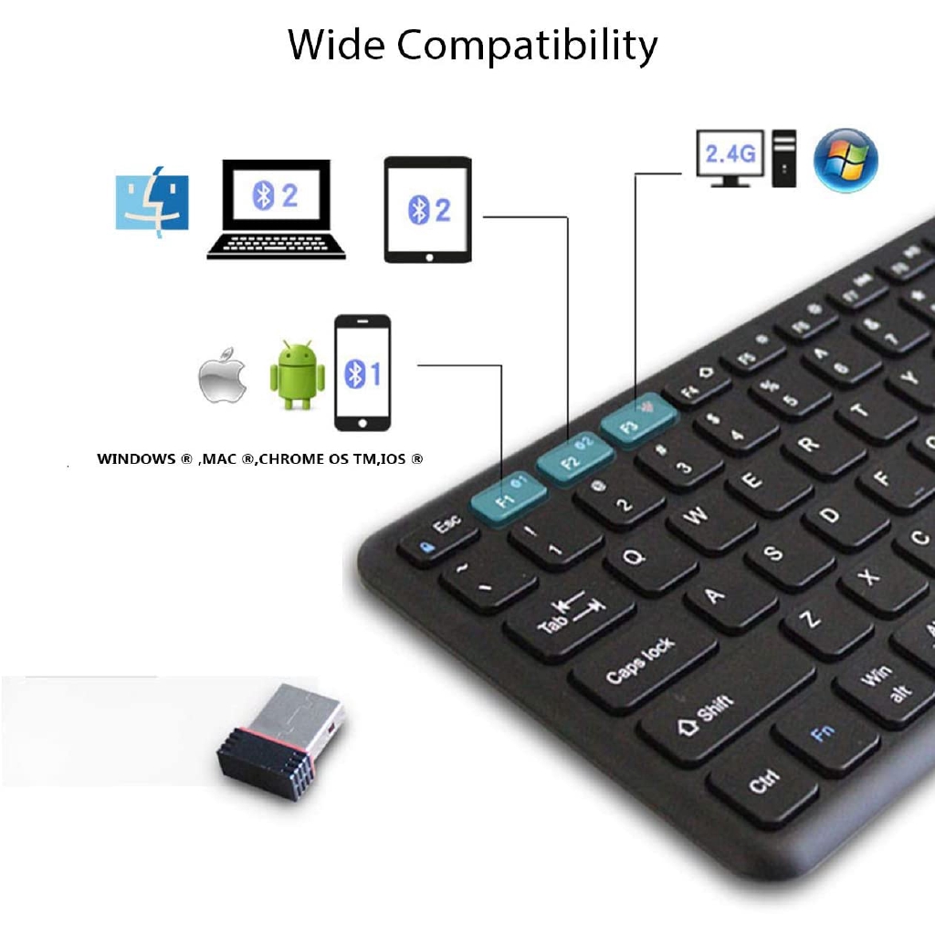 Bàn Phím Bluetooth 4.0 Không Dây Siêu Mỏng Nhiều Tần Số Trọng Lượng 4.0 Le Và 2.4g Màu Đen Cho Windows Pc / Ipad / Mac