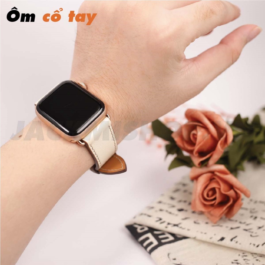 [DÂY DA THẬT] DÂY DA BÊ SWIFT MAY TAY THỦ CÔNG MÀU KEM CHỈ NÂU KHÓA PATEK CHO APPLE WATCH SERIES 1=&gt;6 (BẢO HÀNH 1 NĂM)