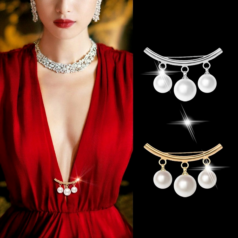 Retro Gold Silver Color One-line Geometry Artificial Pearl Brooch/ Female Elegant Lapel Alloy Pin Jewelry Accessories