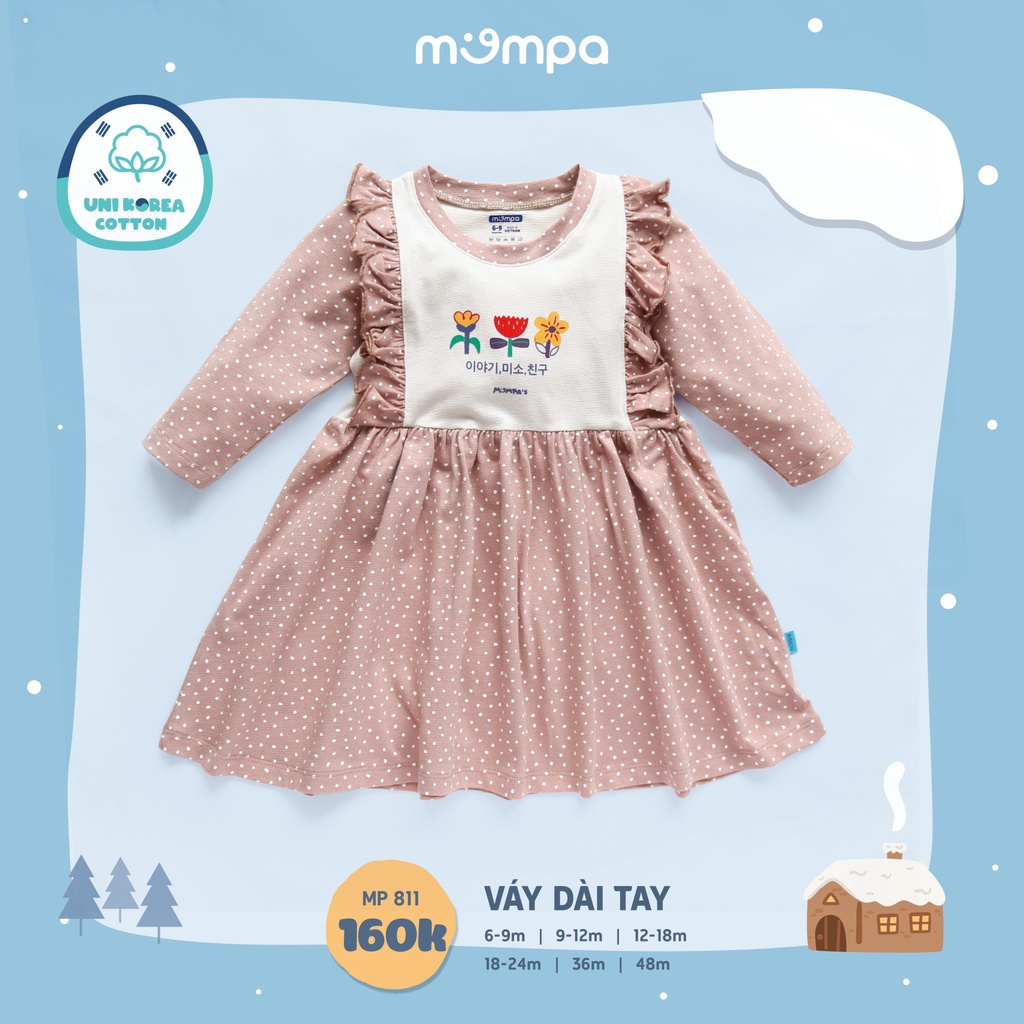 Váy bé gái dài tay Mompa 6 tháng-4 tuổi viền bèo vải Cotton mềm thu đông 811