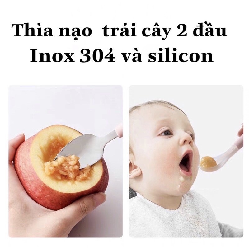 Thìa muỗng nạo nhỏ hoa quả có hộp đựng cho bé ăn dặm 2 đầu silicon và inox 304 SAMI KIDS