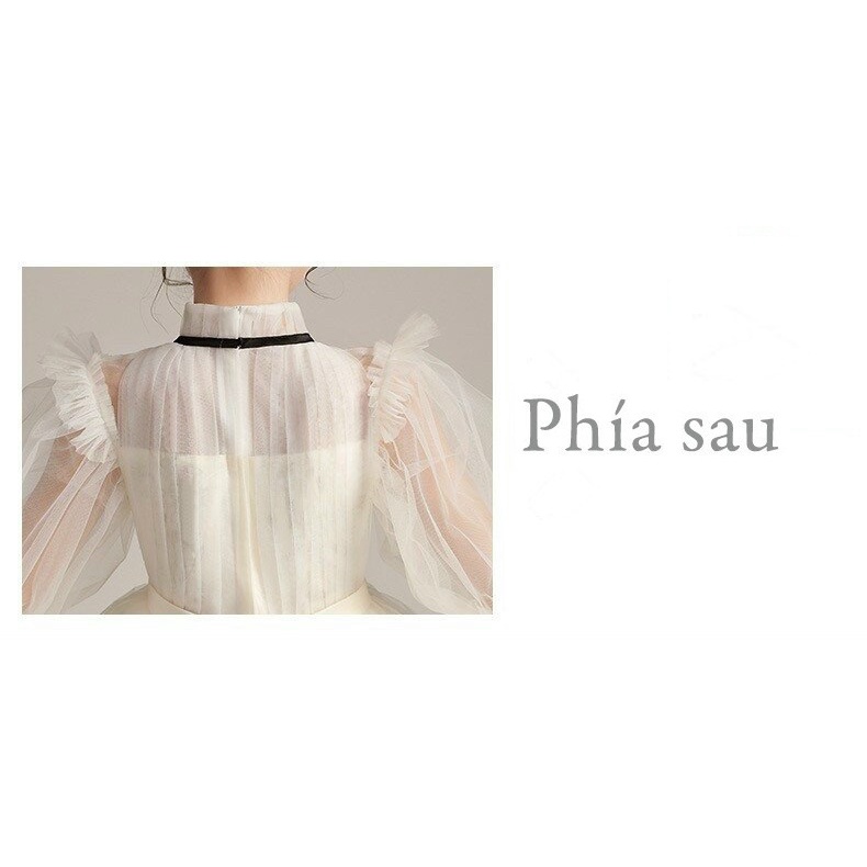 Váy công chúa bé gái thiết kế cao cấp cho bé đi dự tiệc phù dâu siêu xòe màu trắng tay phồng nơ đen DBG063