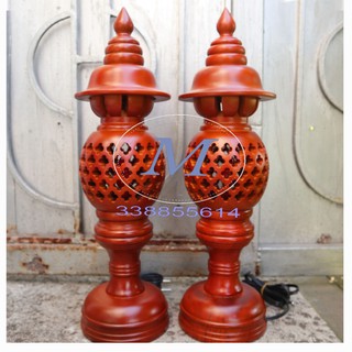 Bộ đôi đèn thờ gỗ hương nguyên khối Phong Thủy 36cm, 48cm Tặng kèm bóng đèn