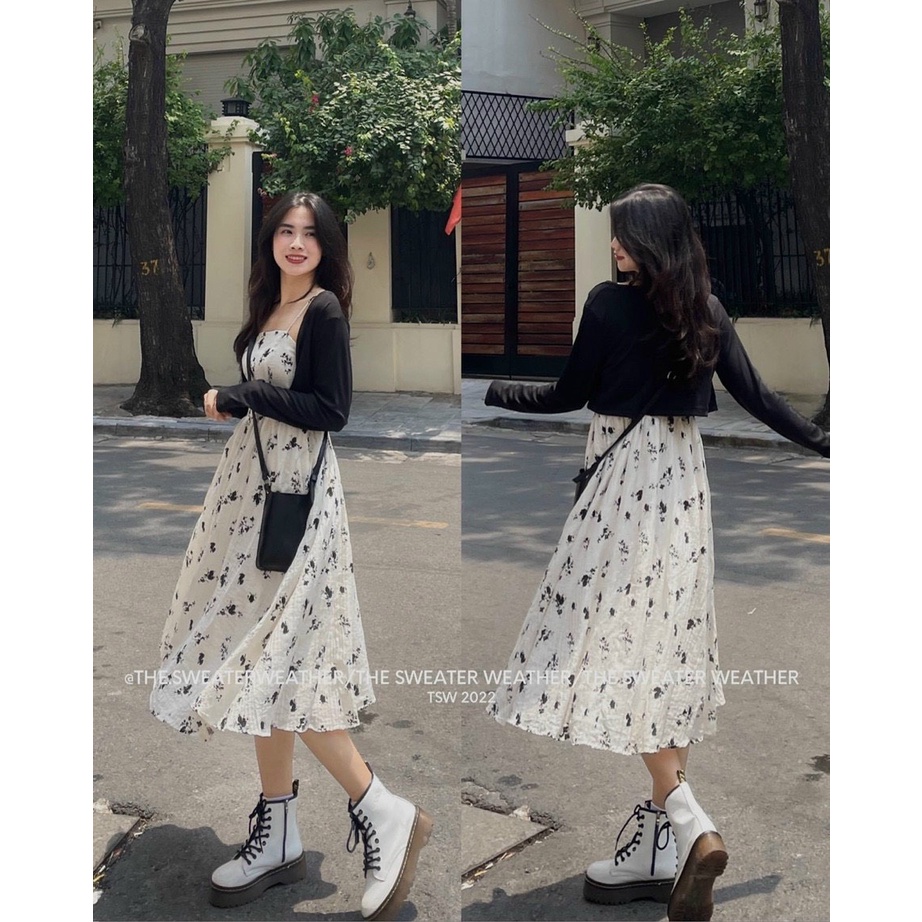 Set váy hai dây thô đũi hoa nhí kèm áo khoác cardigan đen
