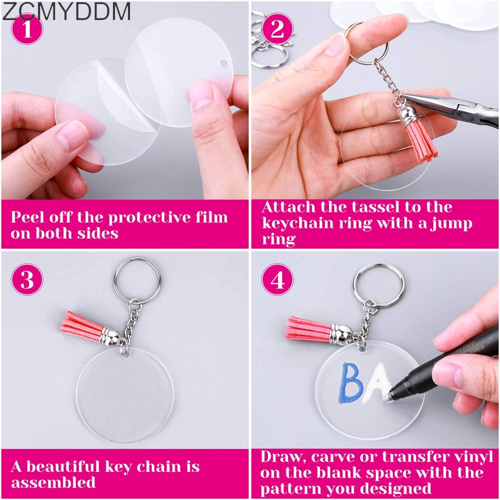 Set 120 Móc Khóa Hình Đĩa Acrylic Trong Suốt Phối Tua Rua DIY