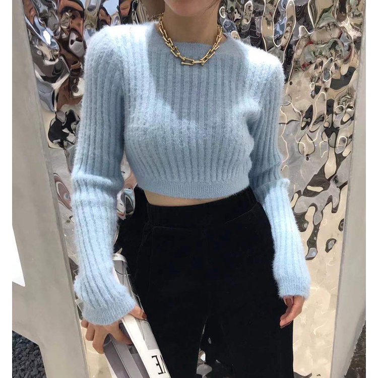 Áo Sweater Dệt Kim Tay Dài Cổ Tròn Vải Nhung Thời Trang Cho Nữ