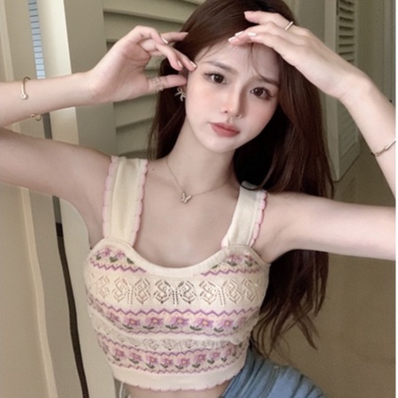 Áo Hai Dây Dệt Kim Họa Tiết Hoa Quyến Rũ Thời Trang Hàn Quốc Cho Nữ