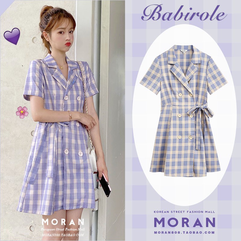 (ORDER) Váy sơ mi cổ vets MORAN sọc xanh dương thắt nơ eo style công sở trẻ trung Hàn Quốc mùa hè
