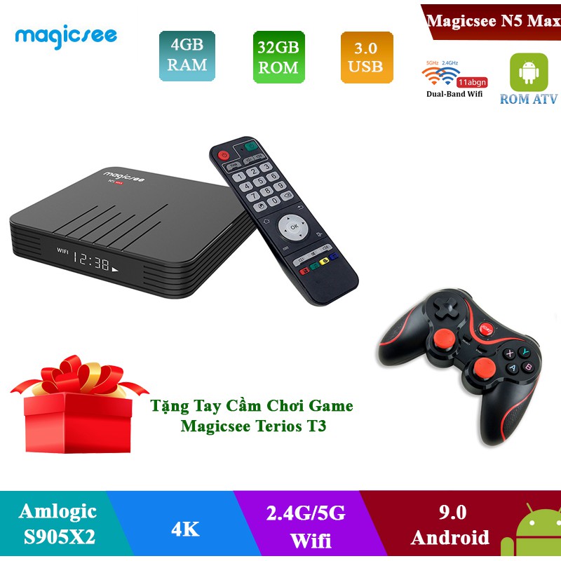 Android Tivi Box Magicsee N5 Max - Ram 4GB, Rom 32GB, Android 9.0 - Tặng Tay Cầm Chơi Game Magicsee Terios T3