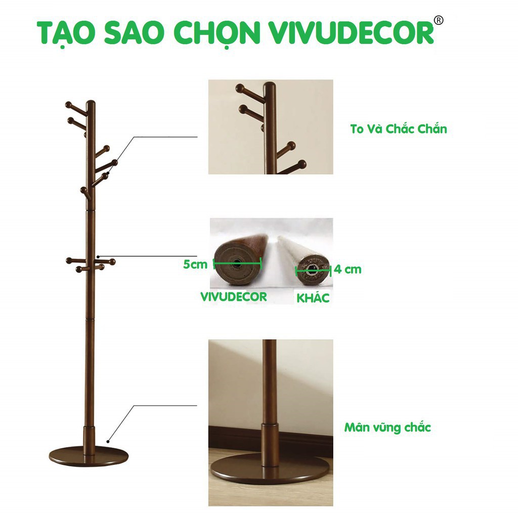 Móc treo quần áo Vivudecor gỗ decor trang trí phòng ngủ cây treo quần áo mâm AN màu nâu