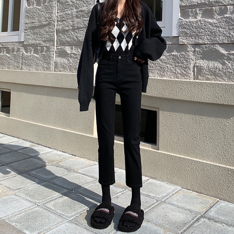 Quần jeans Đen Lưng Cao Co Dãn Thời Trang Hàn Quốc Cho Nữ