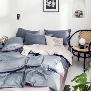 Set Chăn Ga Gối Lụa Tencel Trơn Phối Màu Xanh Hồng Nhạt