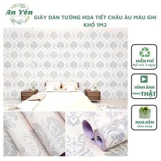 Giấy dán tường hoạ tiết châu âu màu ghi khổ 1m2  có kèm ảnh thật,giấy dán tường phủ pvc kèm keo dán chống ẩm mốc