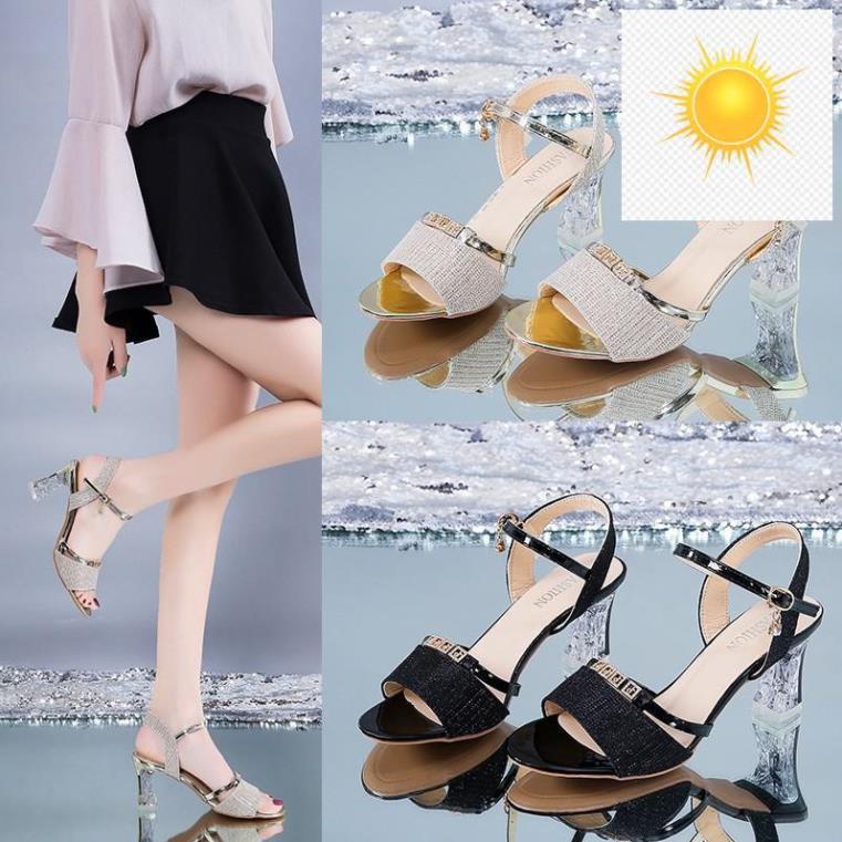 🛍️️🛒 Giày Cao Gót Hở Mũi b20/ Đế Vuông Trong Suốt/ Cao 7cm/ Nhũ Sáng Sang Trọng 🛍️️🛒