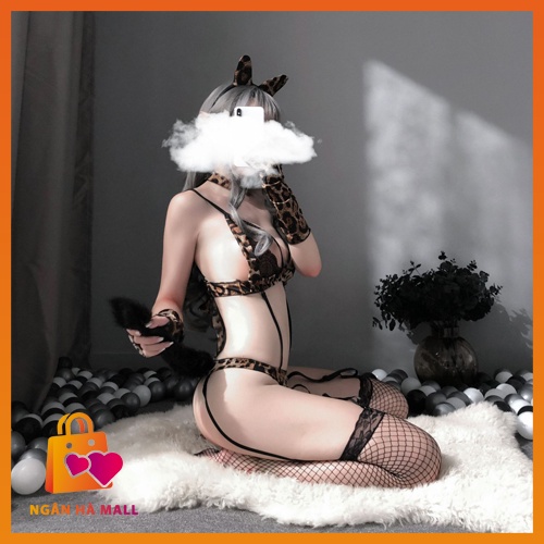 Cosplay bộ đồ lót da báo gấm hở đáy tặng vớ full phụ kiện gồm: bao tay, tai báo cài tóc, vòng cổ, đuôi báo, dây kẹp tất