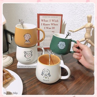 Cốc Sứ - Ly gốm sứ dễ thương mang phong cách tối giản 350ml cao cấp kèm muỗng
