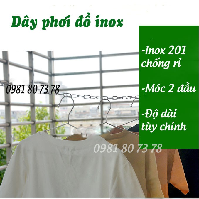 Dây phơi inox, dây phơi quần áo, dây phơi treo quần áo có 2 móc -SG