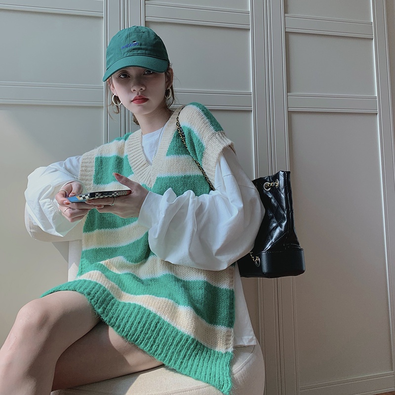 Áo dệt kim sát nách kẻ sọc màu sắc thời trang cho nữ 46308 | BigBuy360 - bigbuy360.vn