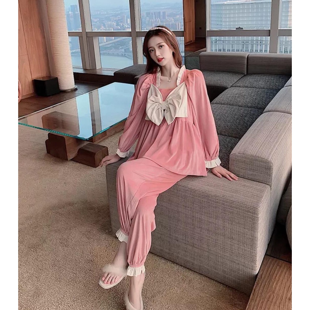 Bộ ngủ nữ nhung phối nơ cực xinh 3 màu/ Bộ mặc nhà dài tay phối nơ mùa đông dễ thương