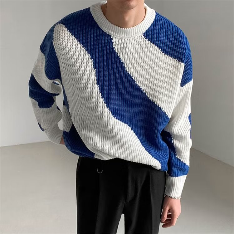 Áo Sweater Dệt Kim Dáng Rộng Màu Sắc Tương Phản Phong Cách Hàn Quốc Cho Nam Giới