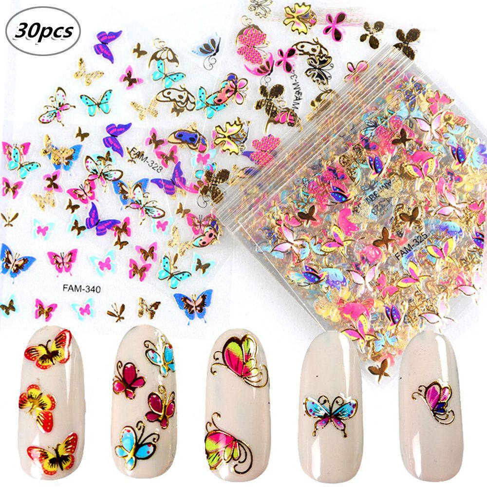 Bộ 30 Tấm Hình Dán Trang Trí Móng Tay Hình Bướm 3D Nhiều Màu Dành Cho Nữ