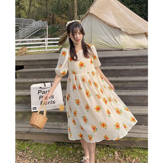 Đầm babydoll hoa vàng, váy maxi hoa dáng rộng tay phồng 2 lớp - V79