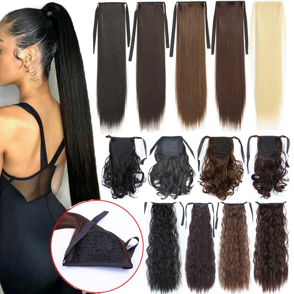 Bộ tóc giả thẳng xoăn dài dây rút có kẹp giữ đuôi ngựa 12" 22"
