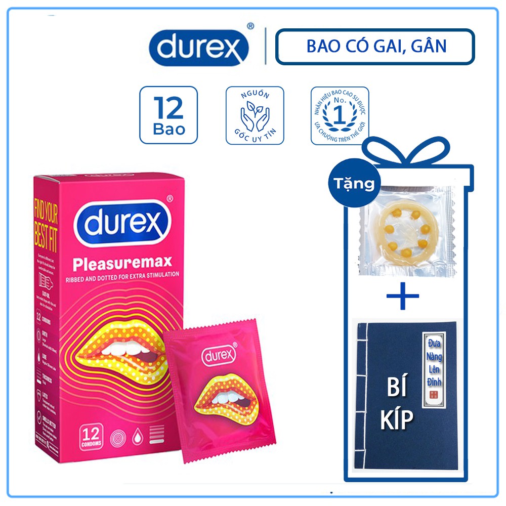 Bao cao su Durex Pleasuremax có gân và hạt nổi quanh thân giúp gia tăng khoái cảm, tạo cảm xúc hộp 12 bao