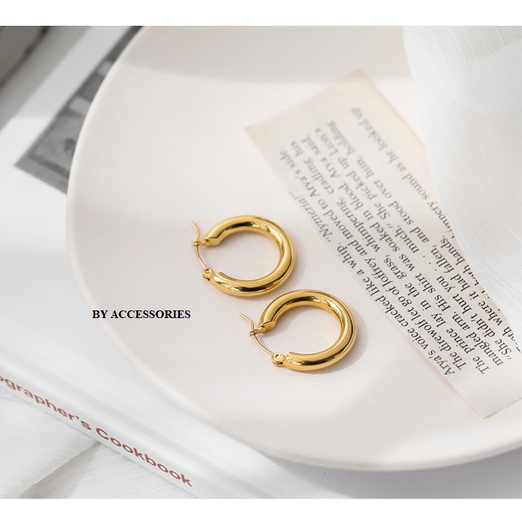 Bông tai nữ titan kiểu tròn dày vintage không gỉ