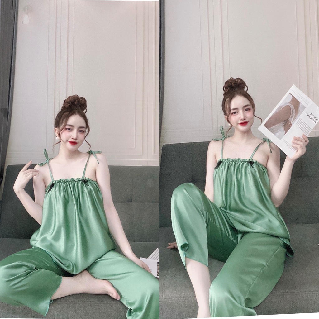 🍀🍀Ưu đãi giá rẻ💕đồ ngủ bèo vai lụa satin dễ thương quần dài