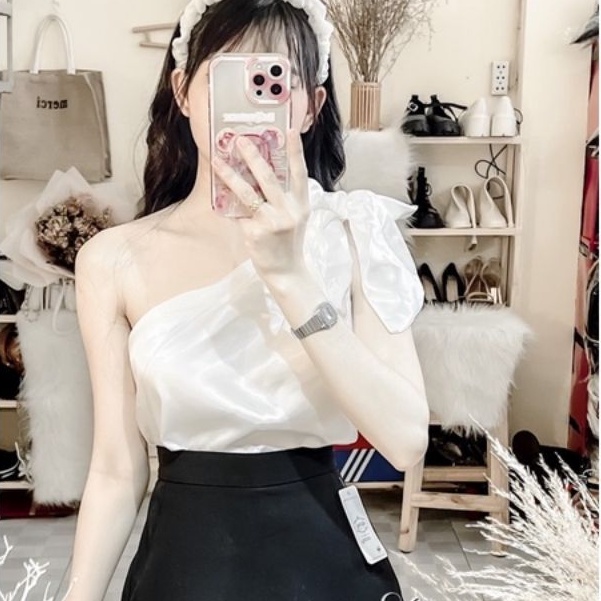 Áo phi lụa lệch vai cột nơ 1 bên Sang Chảnh