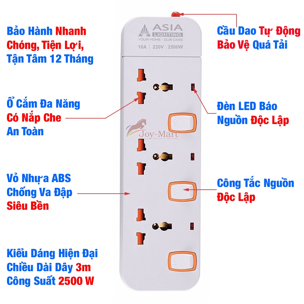 Ổ Cắm Điện Đa Năng Thông Minh Cao Cấp ASIA Chịu Tải 2500W An Toàn Chống Giật Có Cổng USB 5V Sạc Nhanh Dây 3m 5m