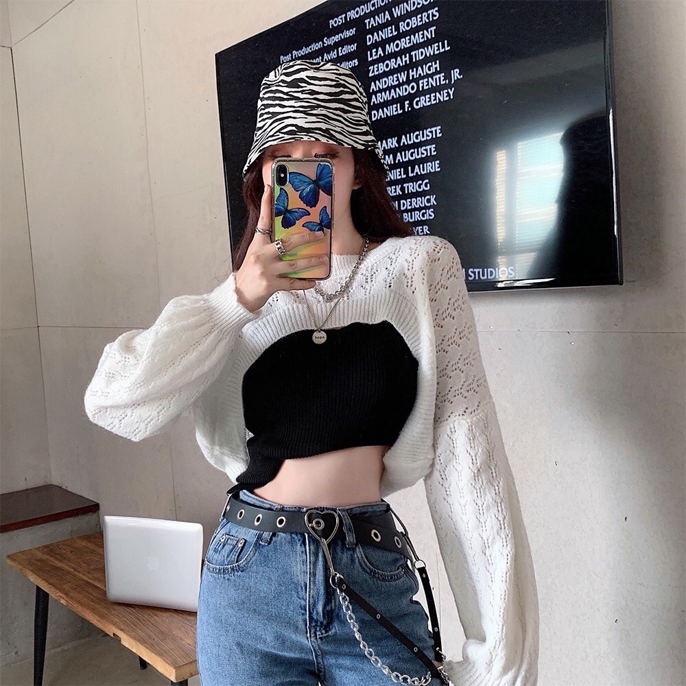 {HCM / CÓ SẴN}  SET ÁO LEN CROPTOP TRẮNG KÈM ÁO HAI DÂY ĐEN PHONG CÁCH HÀN QUỐC