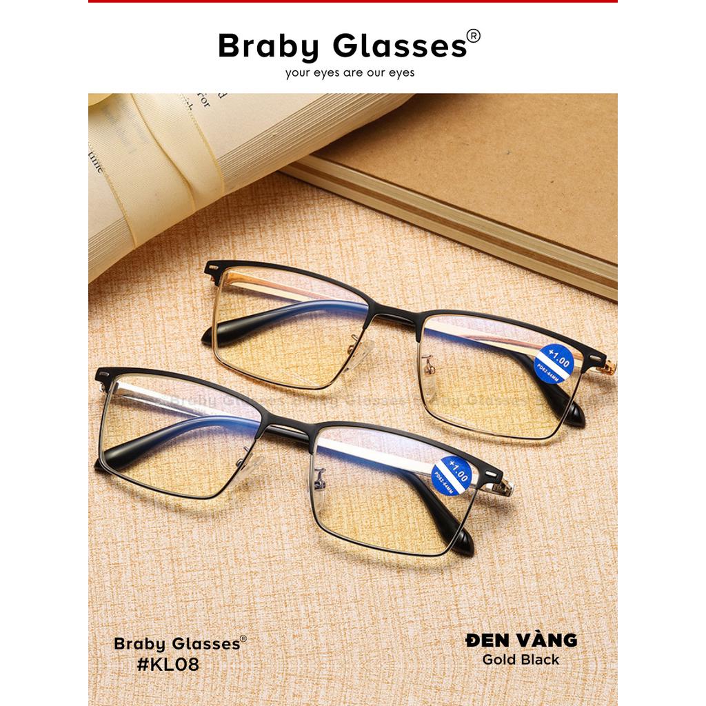 Kính lão đọc sách cho người lớn tuổi Braby Glasses viễn thị gọng kim loại mảnh chắc chắn chống gẫy có độ sẵn KL08