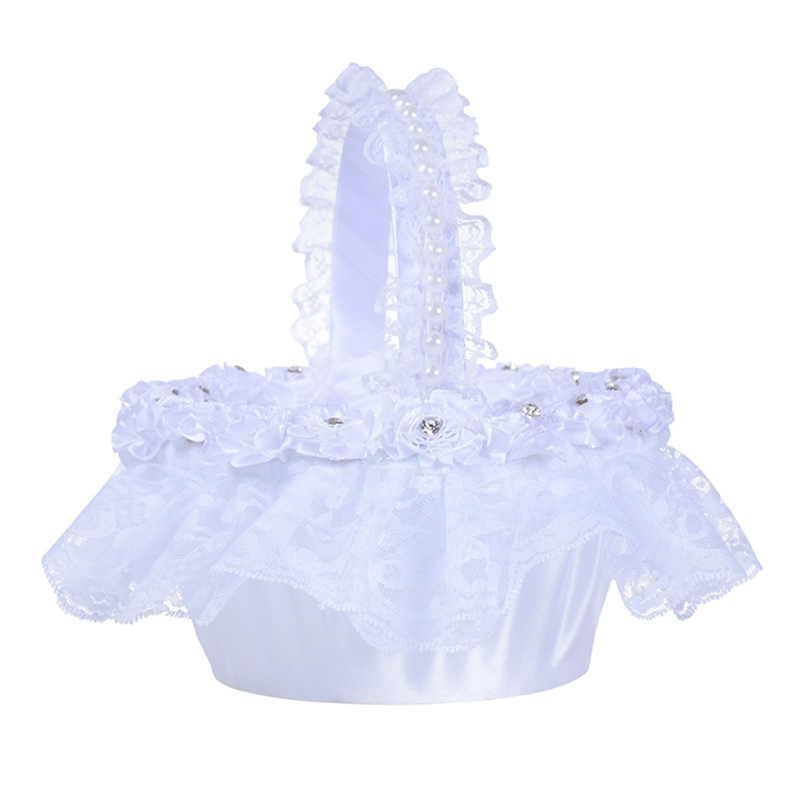 Giỏ Hoa Giả Bằng Vải Satin Phối Ren Trắng 7.5in Dùng Trang Trí Đám Cưới Wx7.9In H