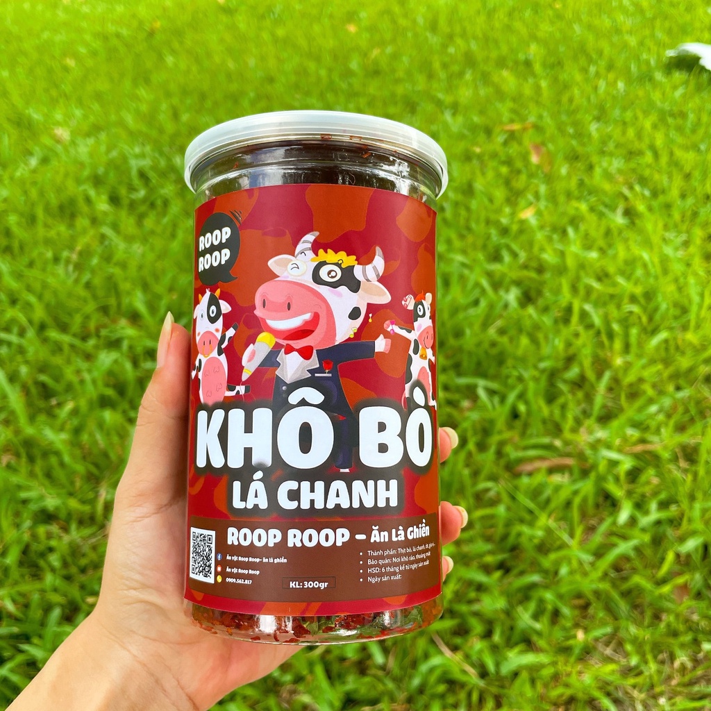 Khô bò sợi ngắn lá chanh cay 300g RoopRoop đồ ăn vặt Sài Gòn đồ ăn vừa ngon vừa rẻ | BigBuy360 - bigbuy360.vn