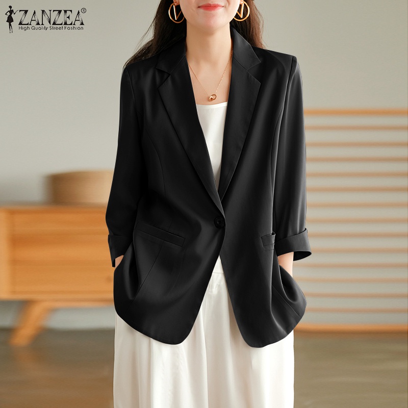 Áo khoác blazer ZANZEA bằng satin tay dài cổ lật xuống có nút gài thời trang công sở cho nữ