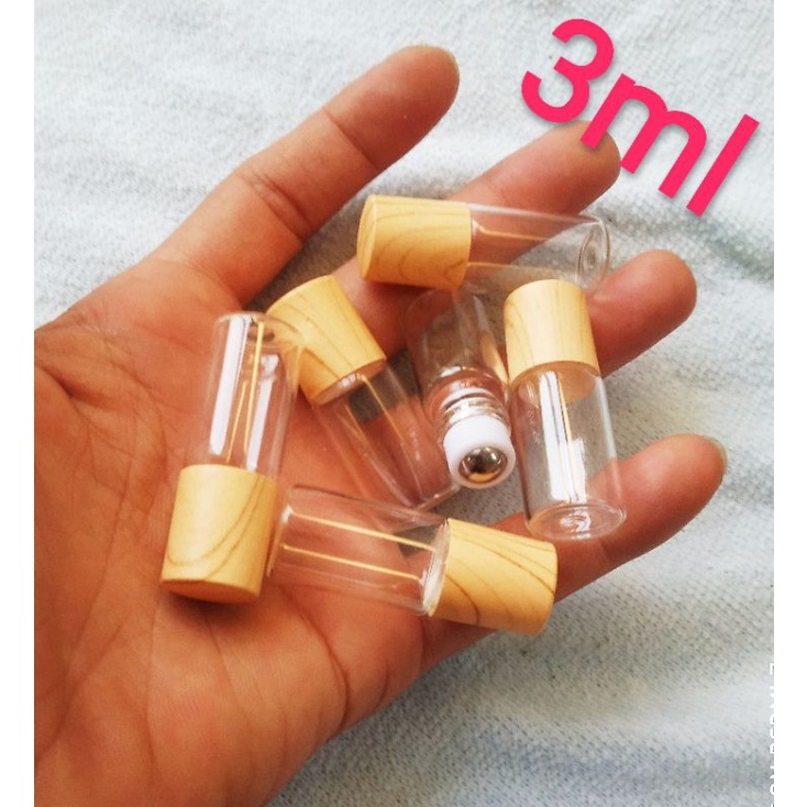 Bộ 5 lọ 2ml 3ml 5ml chai thủy tinh trong suốt bi lăn bằng thép nắp vân gỗ chiết tinh dầu dubai nhỏ đi du lịch nước ngoài