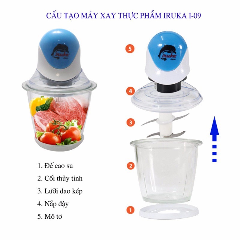 Máy Xay Thịt Iruka Japan I09 | Công Suất 400W | Dung Tích 1.5L | Cối Thủy Tinh | Tặng Máy Bắn Keo