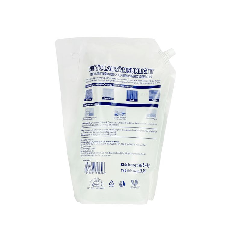 Nước lau sàn nhà Sunlight hương Chanh sả/ Hoa Lily / Hoa hạ Bạc Hà/ Dịu nhẹ/ Quế túi 3.4kg