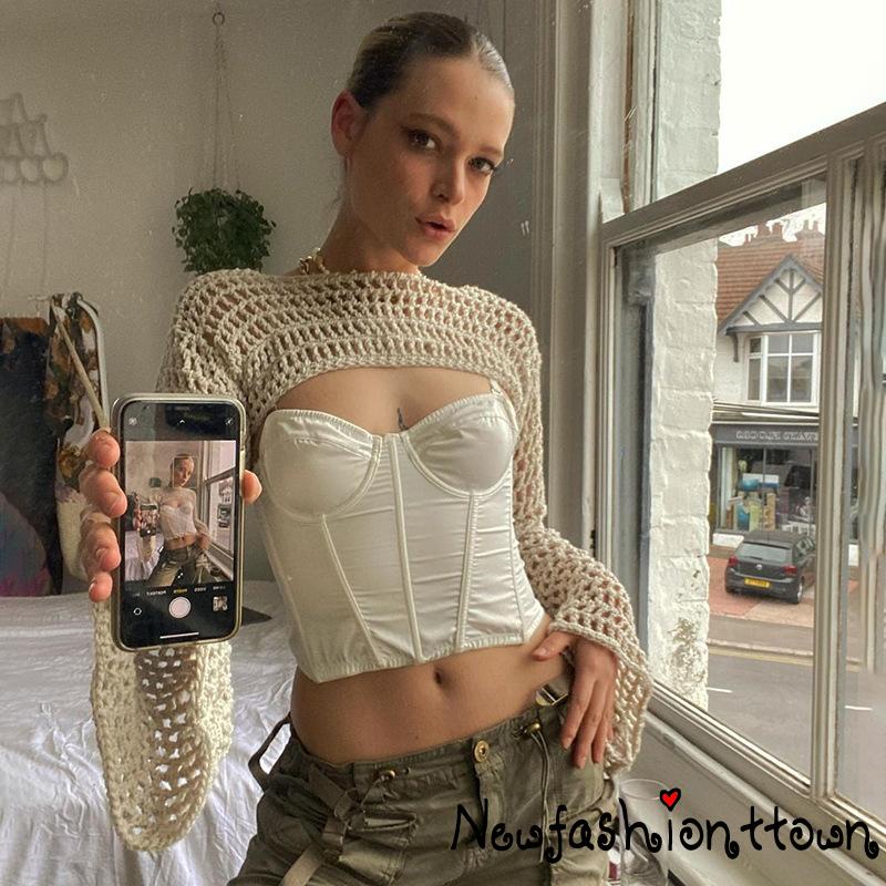 Áo Croptop Dệt Kim Tay Loe Phong Cách Cổ Điển Thời Trang 90s 00s Y2K Cho Nữ