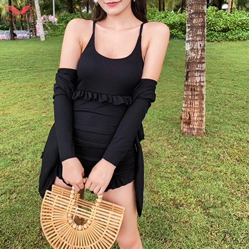 VINGO Sét Đồ Bơi Bikini Nữ Hai Mảnh Áo Dài Tay Khoác Buộc Eo Kèm Váy Hai Dây Liền Thân Chất Liêu Thun B161 VNGO - Hàng n