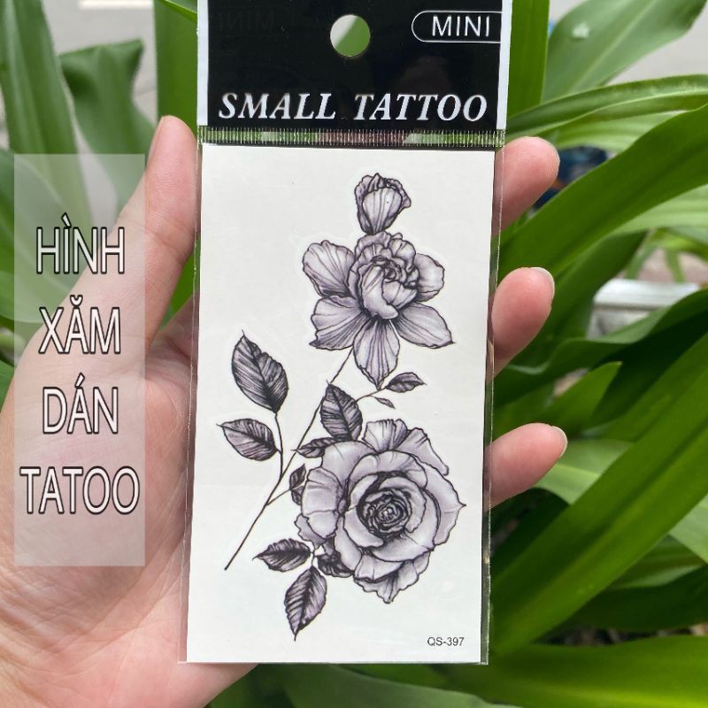 Hình xăm hoa hồng màu ghi xám đen qs397. Tatoo dán tạm thời size 10×6cm