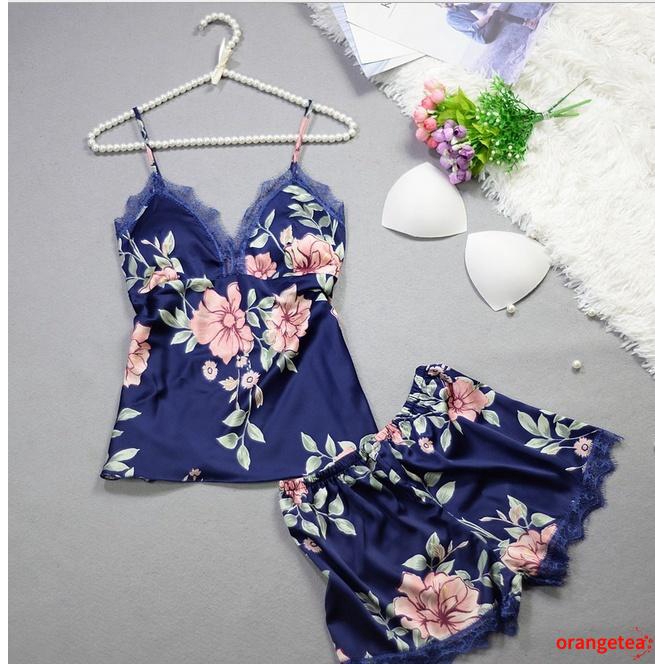 Bộ quần áo pajamas ngắn chất liệu vải lụa họa tiết hoa thời trang quyến rũ cho nữ