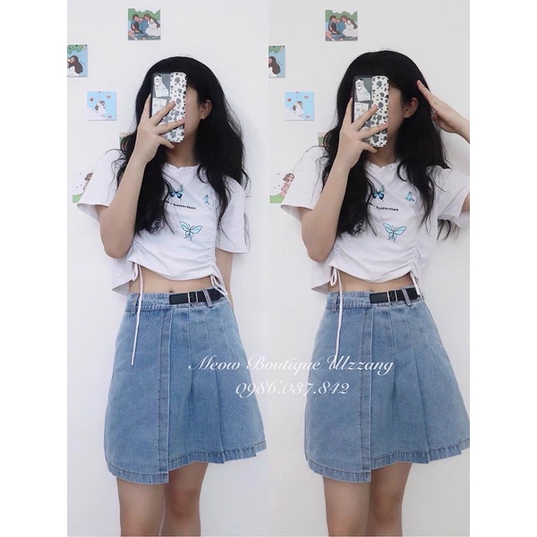Chân váy jean bò xếp ly ulzzang kèm đai có bigsize kèm ảnh thật