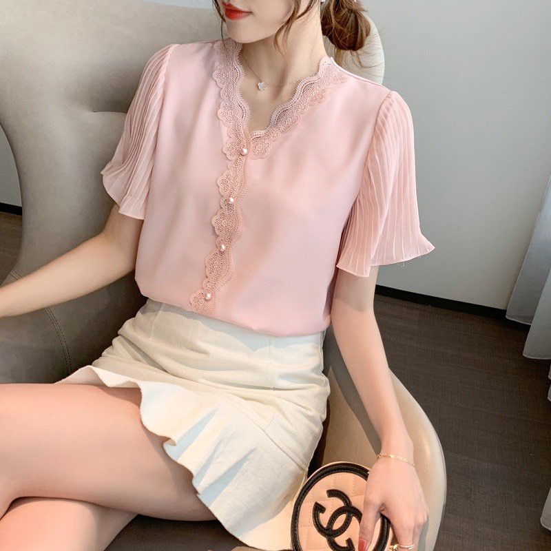 áo sơ mi cổ v tay cánh tiên-áo sơ mi nữ điệu đà