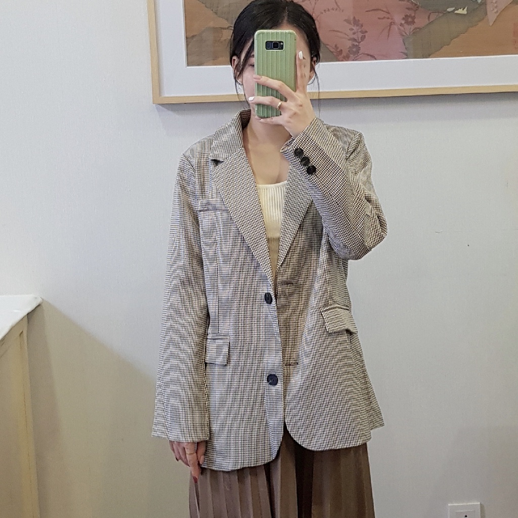 [BLAZER 06] Blazer dài tay hai lớp kẻ nâu phong cách Hàn Quốc, Áo vest nữ